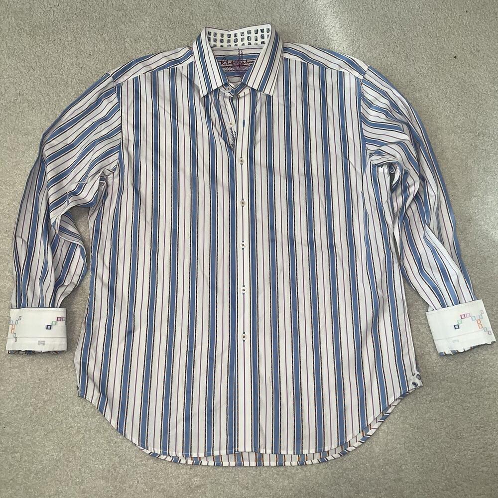 Robert Graham Striped Button Front Shirt White Blue Orange 2XL Cotton Classic